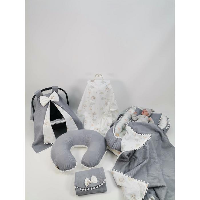 Babynest 8'li set koyu gri waffle pike - gökkuşaklı poplin