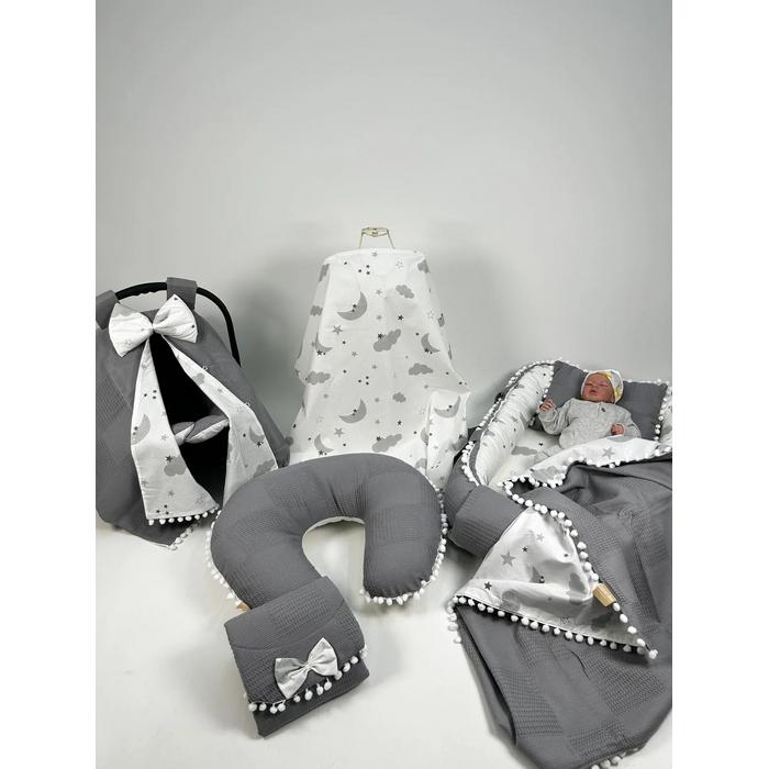 Babynest 8'li set koyu gri waffle pike - gri aylı bulutlu poplin