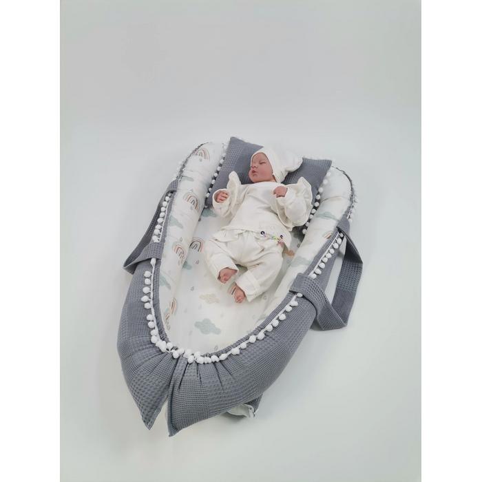 Babynest 8'li set koyu gri waffle pike - gökkuşaklı poplin