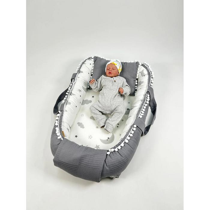 Babynest 8'li set koyu gri waffle pike - gri aylı bulutlu poplin