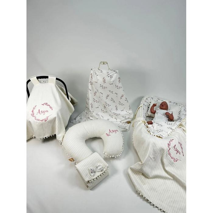 Babynest 8'li set krem örgü pike - kırmızı zeytin dalı desenli poplin