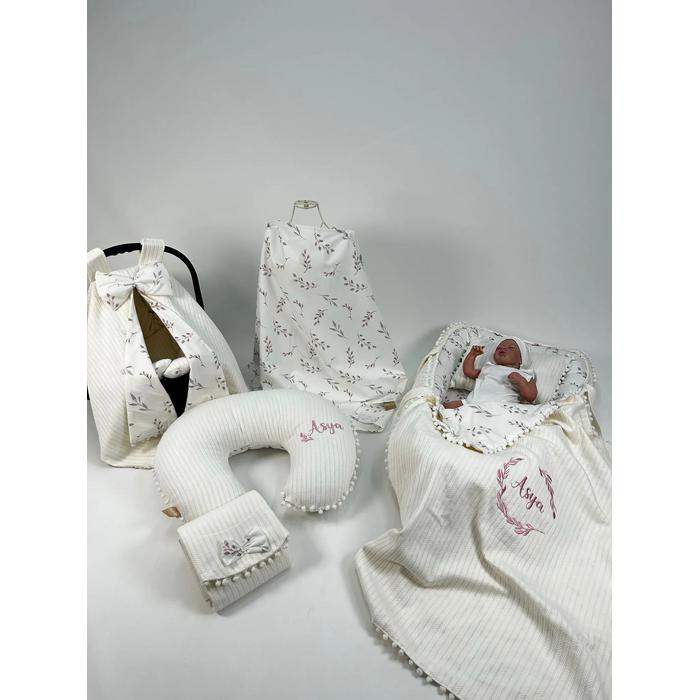 Babynest 8'li set krem örgü pike - kırmızı zeytin dalı desenli poplin