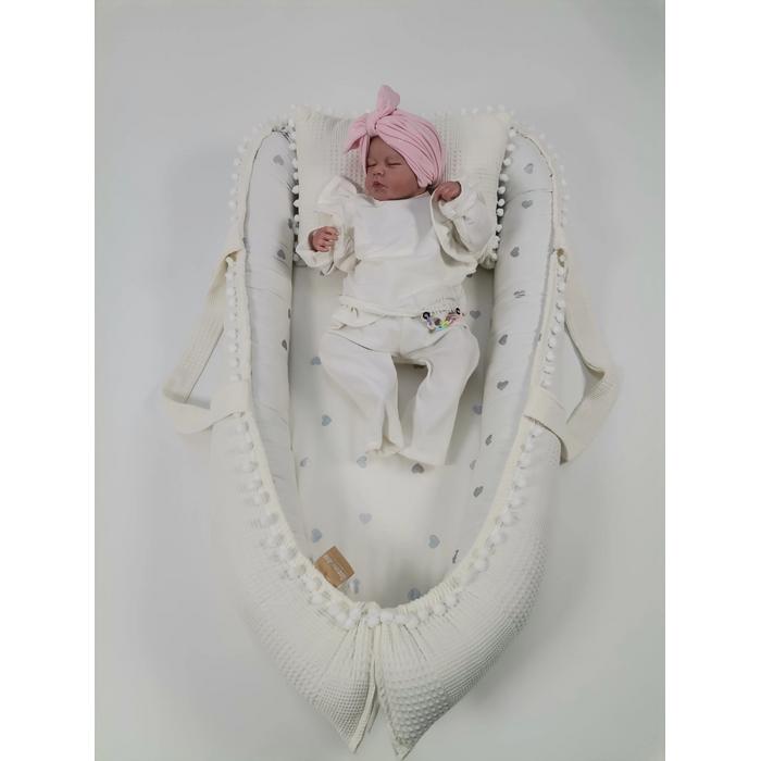 Babynest 8'li set krem waffle pike - gümüş kalpli poplin