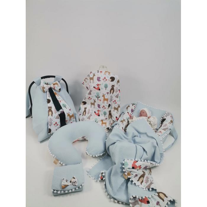 Babynest 8'li set mavi waffle pike - hayvan figürlü poplin