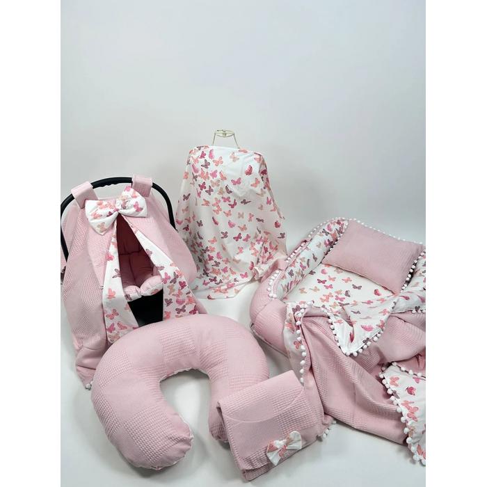 Babynest 8'li set pudra pembe waffle klasik pike - pudra kelebekli poplin