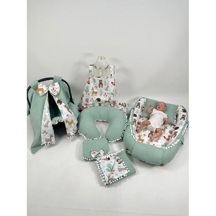 Babynest 8'li set yeşil waffle pike - hayvan figürlü poplin