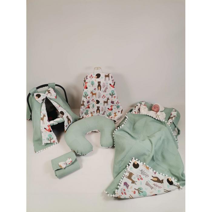 Babynest 8'li set yeşil waffle pike - hayvan figürlü müslin