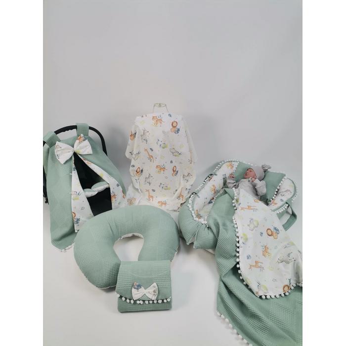 Babynest 8'li set yeşil waffle pike - sevimli hayvanlar poplin
