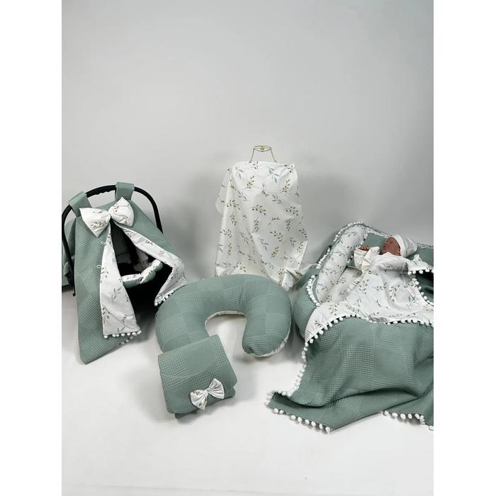 Babynest 8'li set yeşil waffle pike - yeşil zeytindalı desenli poplin