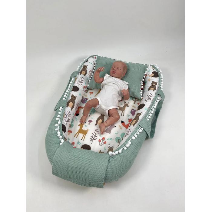 Babynest 8'li set yeşil waffle pike - hayvan figürlü poplin