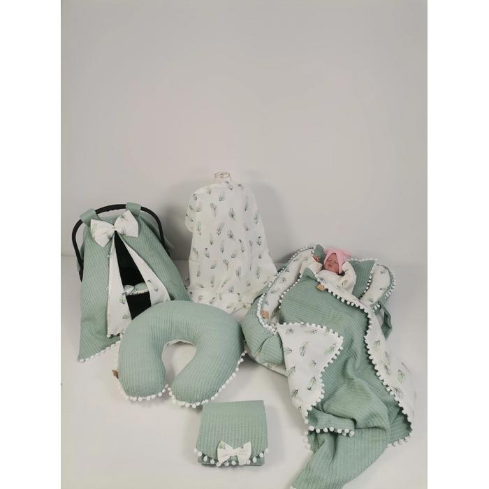 Babynest 8'li set yeşil örgü pike -  yeşil tüylü poplin
