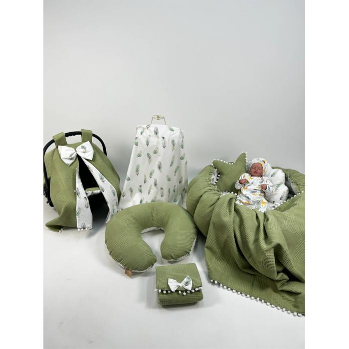 Babynest 9'lu set fıstık yeşili waffle pike - yeşil tüylü poplin