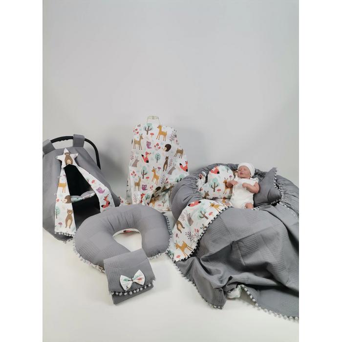 Babynest 9'lu set koyu gri waffle pike - hayvan figürlü poplin