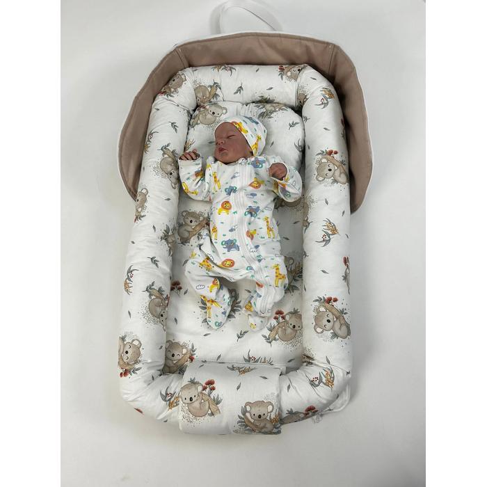 Çantalı babynest bej panama keten  - koala desenli poplin