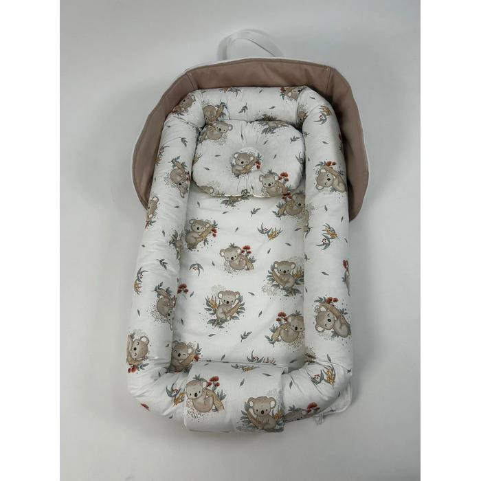 Çantalı babynest bej panama keten  - koala desenli poplin