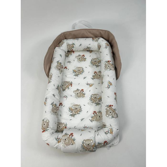 Çantalı babynest bej panama keten  - koala desenli poplin