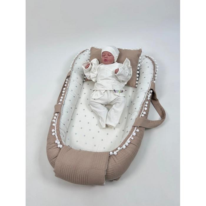 Babynest bej waffle pike - gümüş puantiyeli poplin