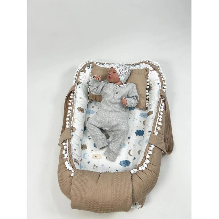 Babynest bej waffle pike - mavi aylı bulutlu müslin