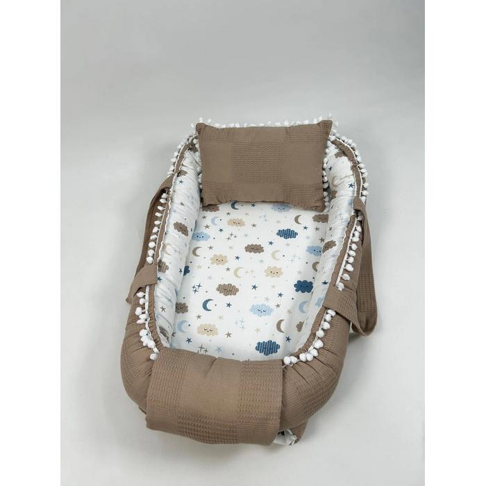 Babynest bej waffle pike - mavi aylı bulutlu müslin