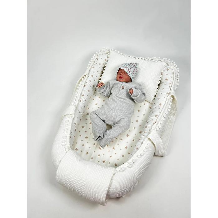 Babynest beyaz waffle pike - beyaz üstü bej yıldızlı poplin