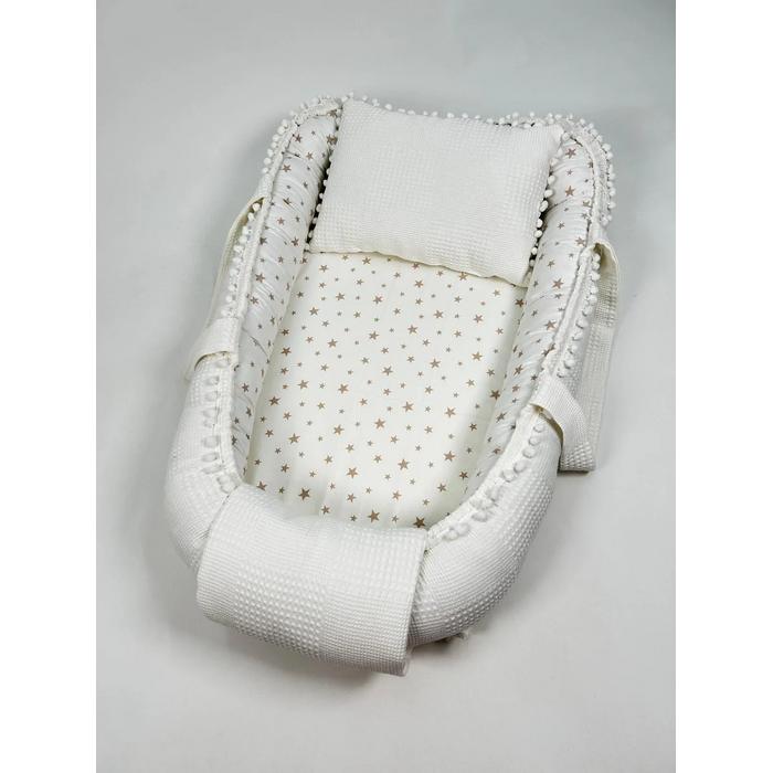 Babynest beyaz waffle pike - beyaz üstü bej yıldızlı poplin