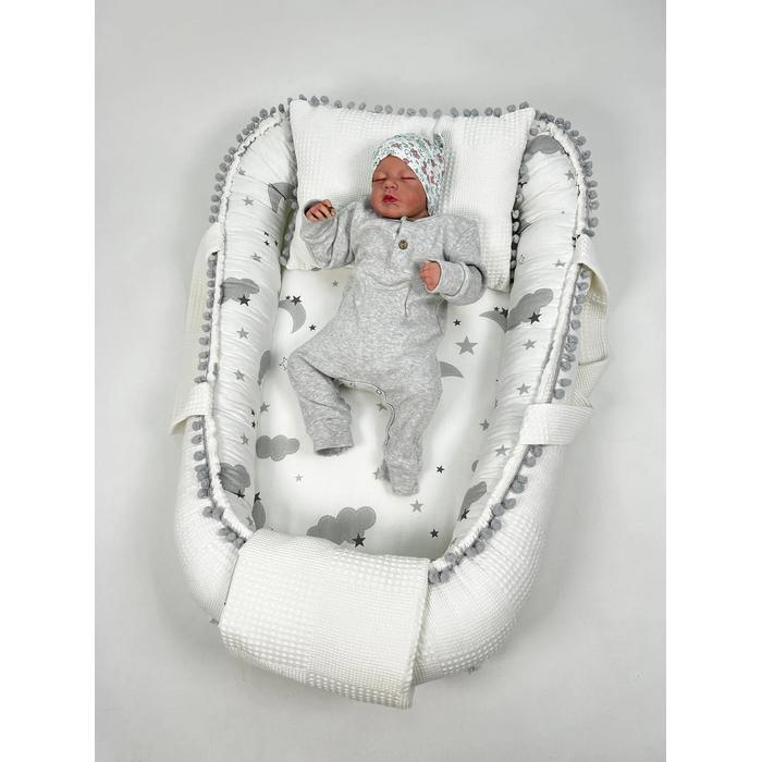 Babynest beyaz waffle pike - gri aylı bulutlu poplin