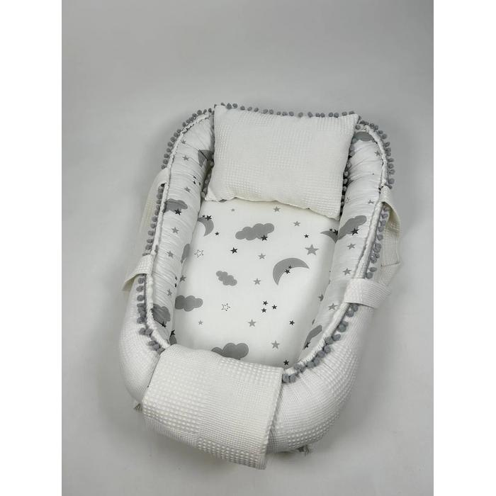 Babynest beyaz waffle pike - gri aylı bulutlu poplin