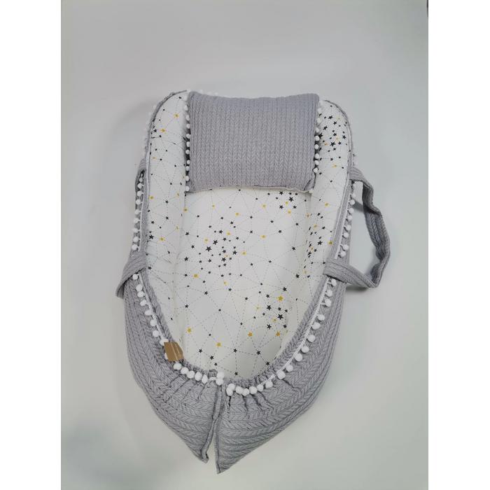 Babynest gri örgü pike - beyaz üstü gri samanyolu yıldızlı poplin