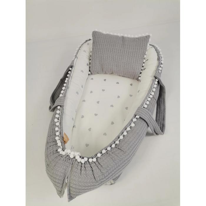Babynest gri örgü pike - gümüş kalpli poplin