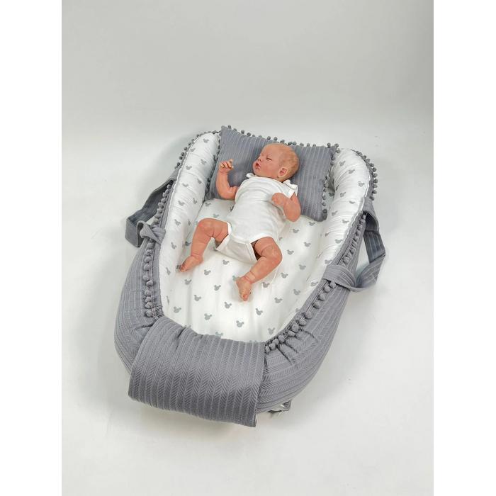 Babynest gri örgü pike - gümüş mickeyli poplin