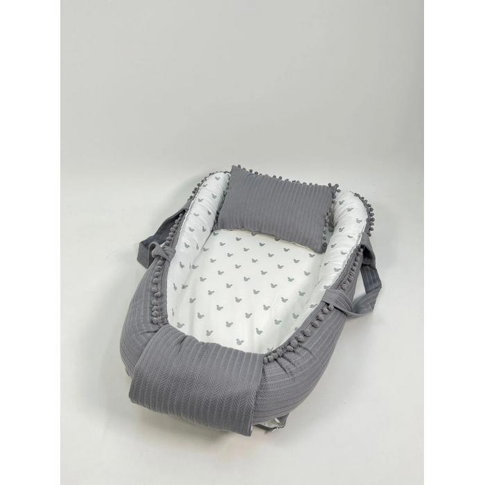 Babynest gri örgü pike - gümüş mickeyli poplin