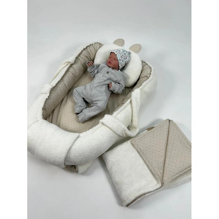 Babynest krem welsoft - krem zemin üstü kahve rengi puantiyeli poplin