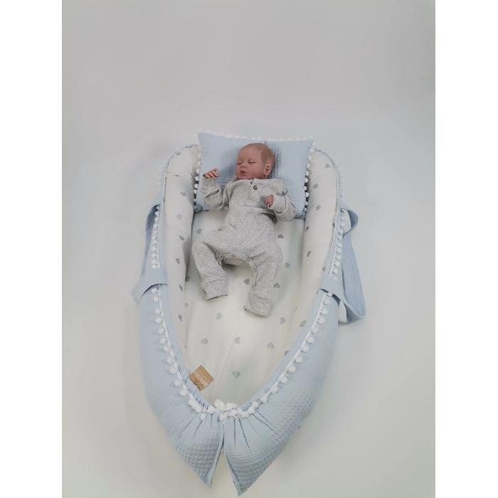 Babynest mavi waffle pike - gümüş kalpli poplin