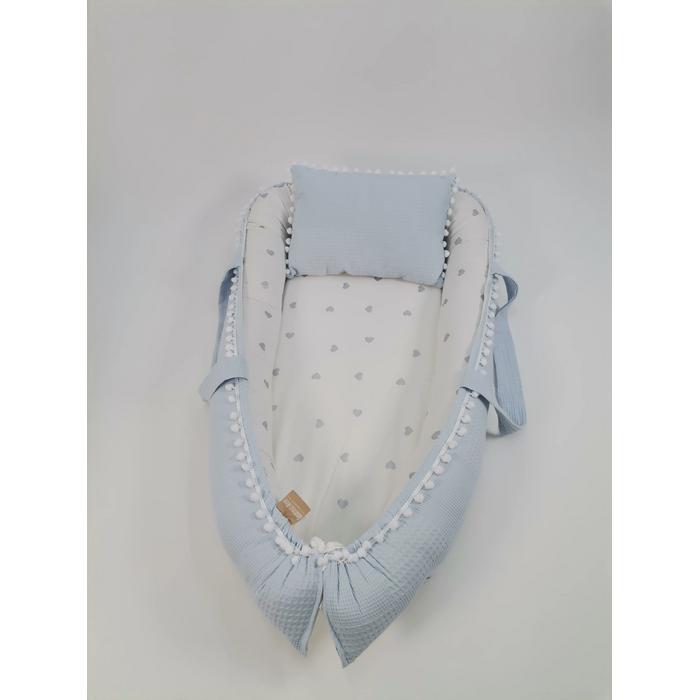 Babynest mavi waffle pike - gümüş kalpli poplin