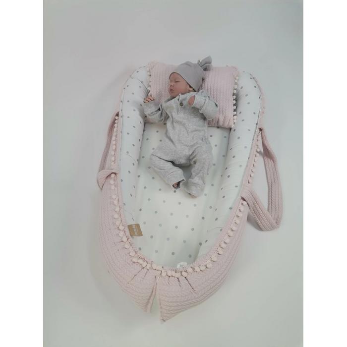 Babynest pudra örgü pike - gümüş puantiyeli poplin