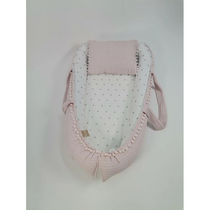 Babynest pudra örgü pike - gümüş puantiyeli poplin