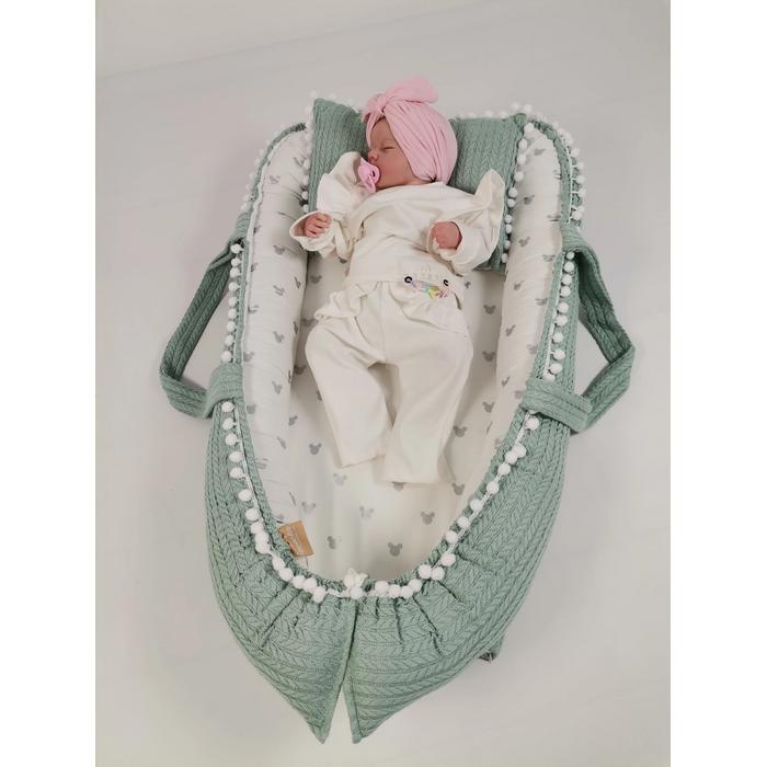 Babynest yeşil örgü pike - gümüş mickeyli poplin