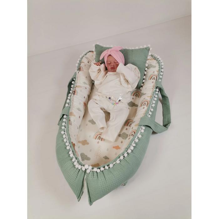 Babynest yeşil waffle pike - gökkuşaklı müslin