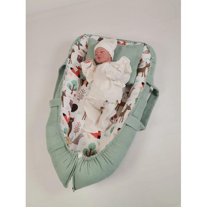 Babynest yeşil waffle pike - hayvan figürlü müslin