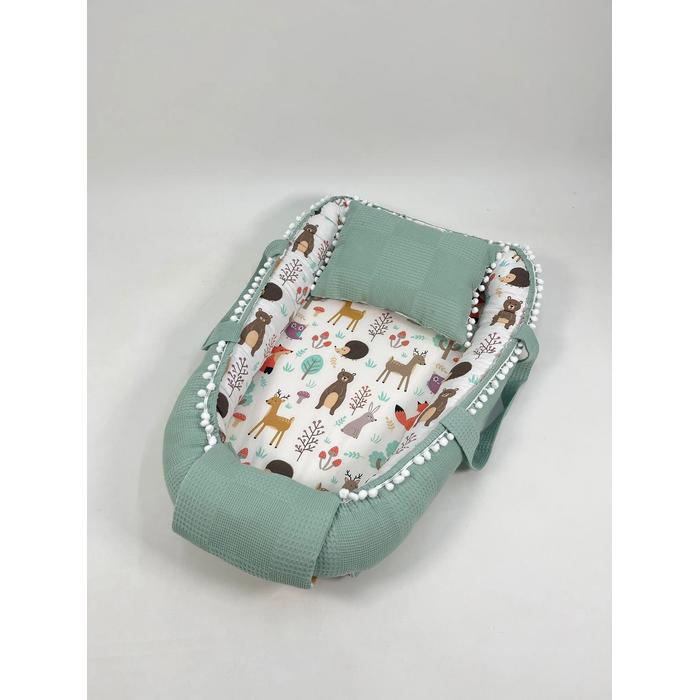 Babynest yeşil waffle pike - hayvan figürlü poplin