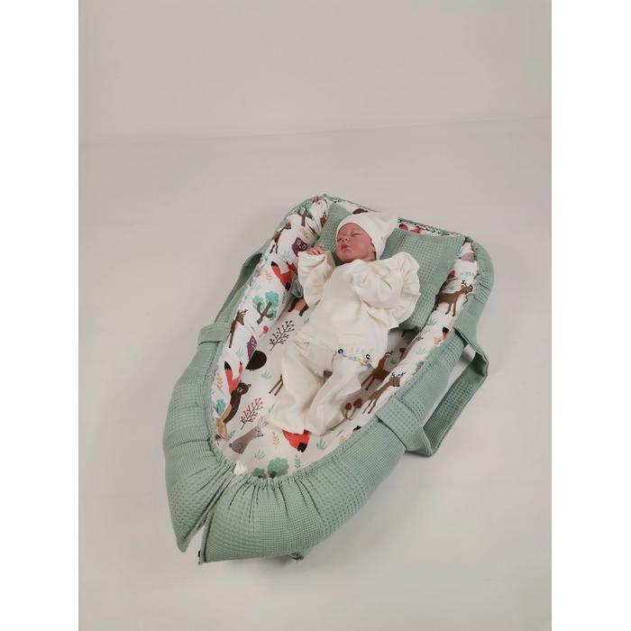 Babynest yeşil waffle pike - hayvan figürlü müslin