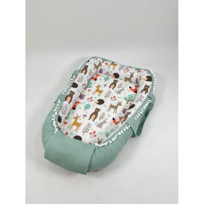 Babynest yeşil waffle pike - hayvan figürlü poplin