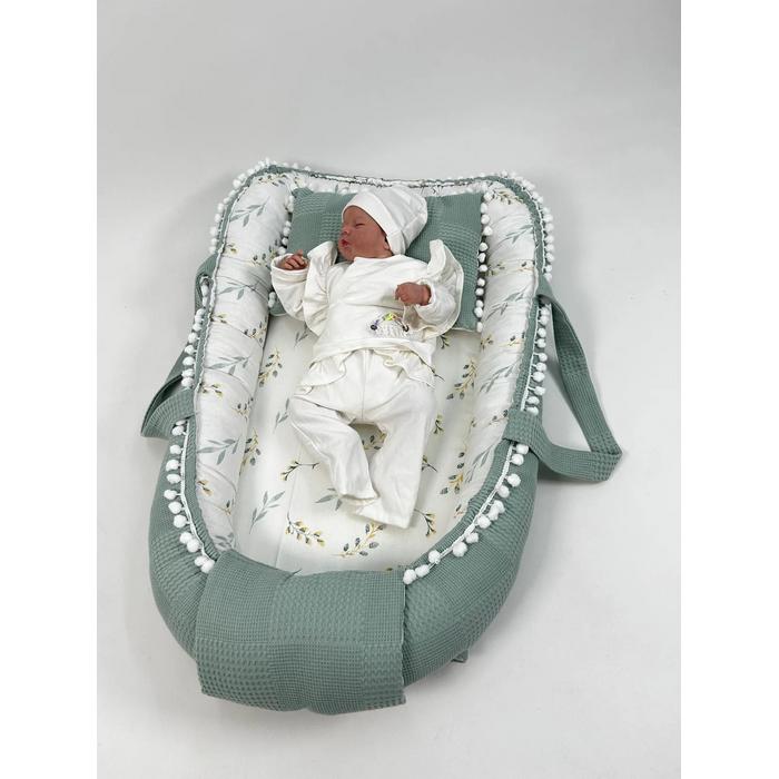 Babynest yeşil waffle pike - yeşil zeytin dalı desenli poplin