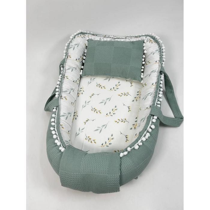 Babynest yeşil waffle pike - yeşil zeytin dalı desenli poplin