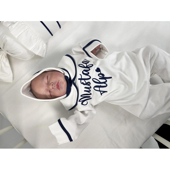 Beyaz - lacivert biyeli tulum takım