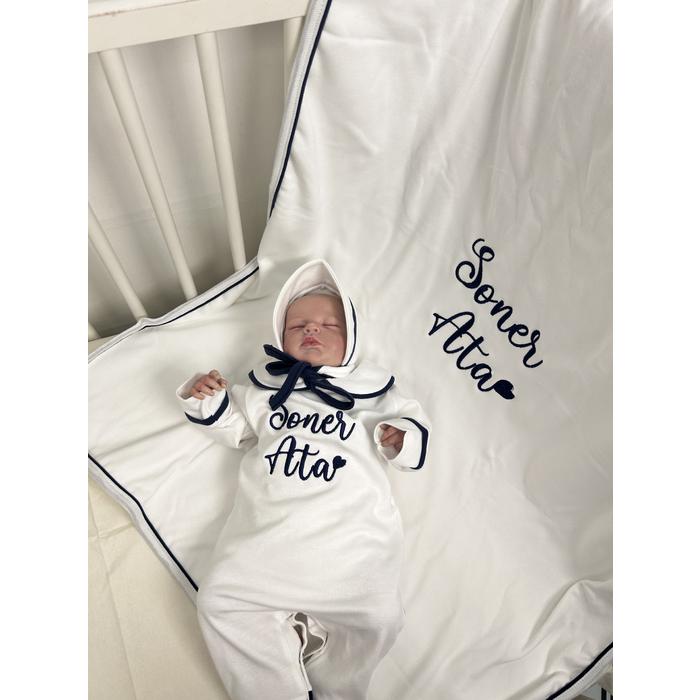 Beyaz - lacivert biyeli tulum takım