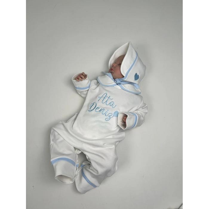 Beyaz - mavi biyeli tulum takım