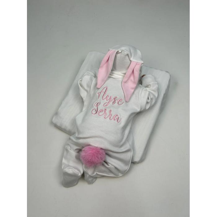 Beyaz - pembe tavşan tulum takım