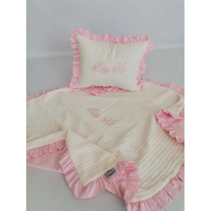 Battaniye ve yastık fırfırlı krem örgü pike - v29 pembe