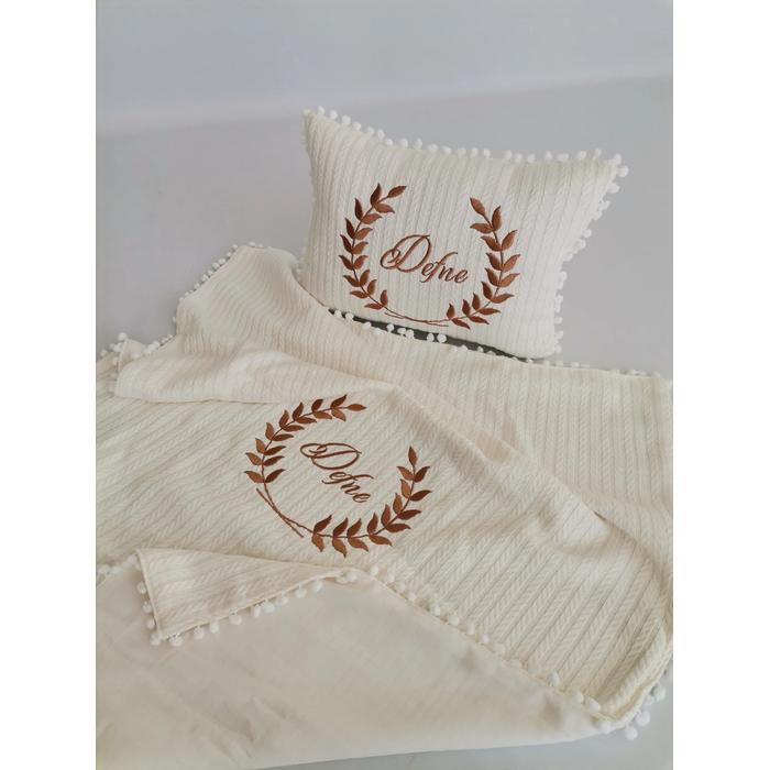 Krem örgü pike - krem poplin battaniye yastık 2